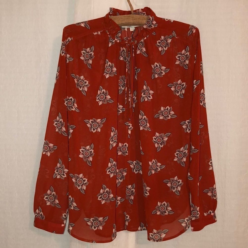 LOFT M Tomato Red Coral White Brown Floral Double Tie Front Long Sleeve Blouse